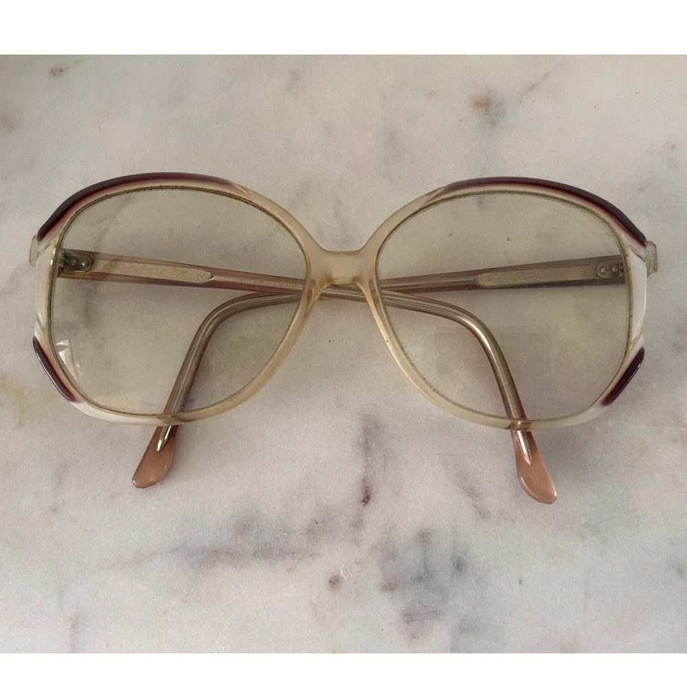 Vintage Oversized Two Tone Optical Frames Clear Tan and Burgundy Retro Glasses